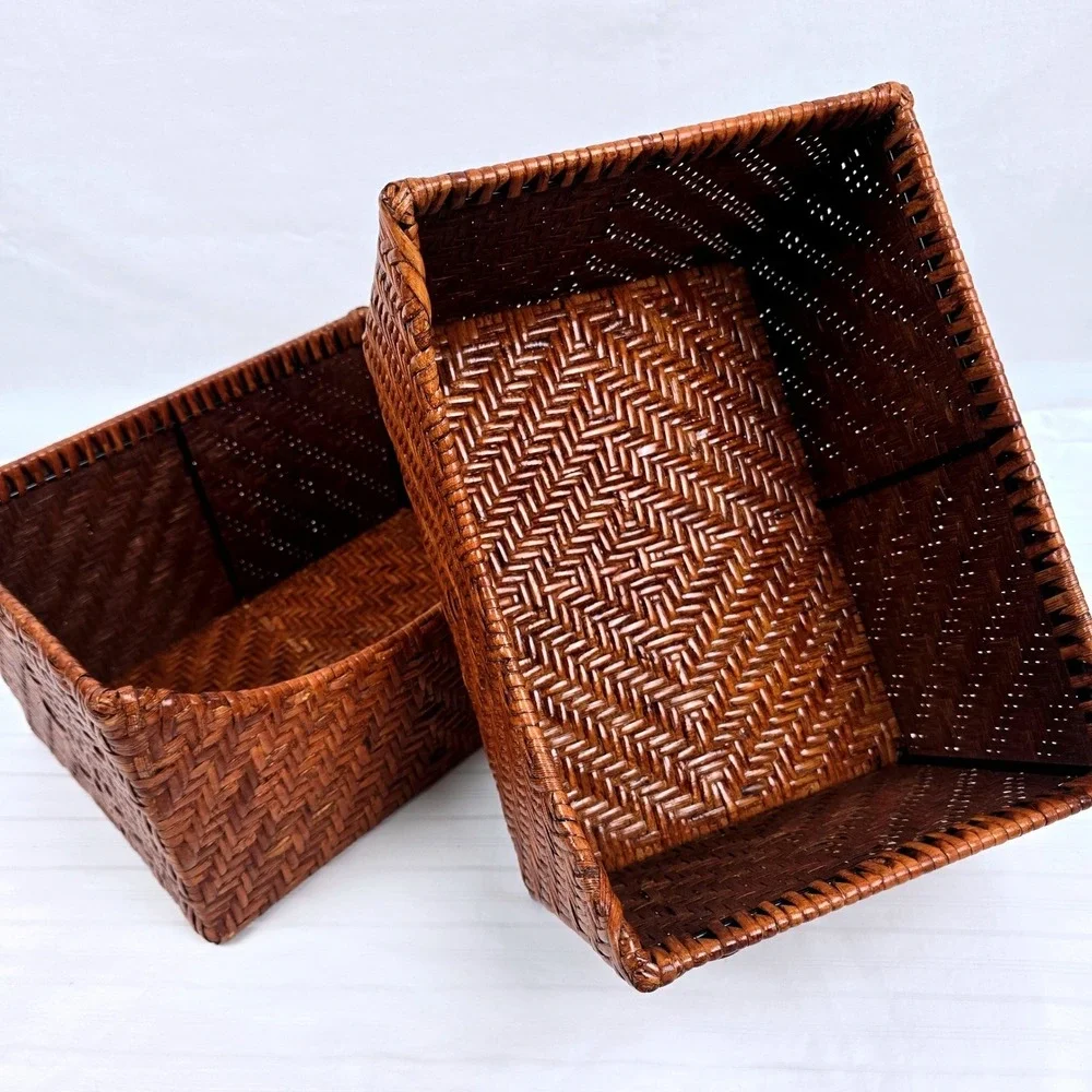 Set of 2 Woven Wicker Storage Baskets Brown Chevron Sloped‎ Farmhouse Organizer